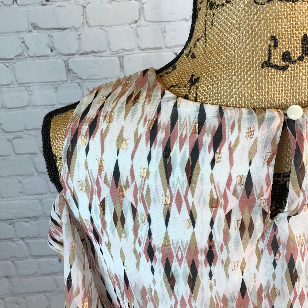 Roz & Ali Top Sheer Lined Cold Shoulder Blouse Brown Pink Angle Prints Small - Picture 4 of 7
